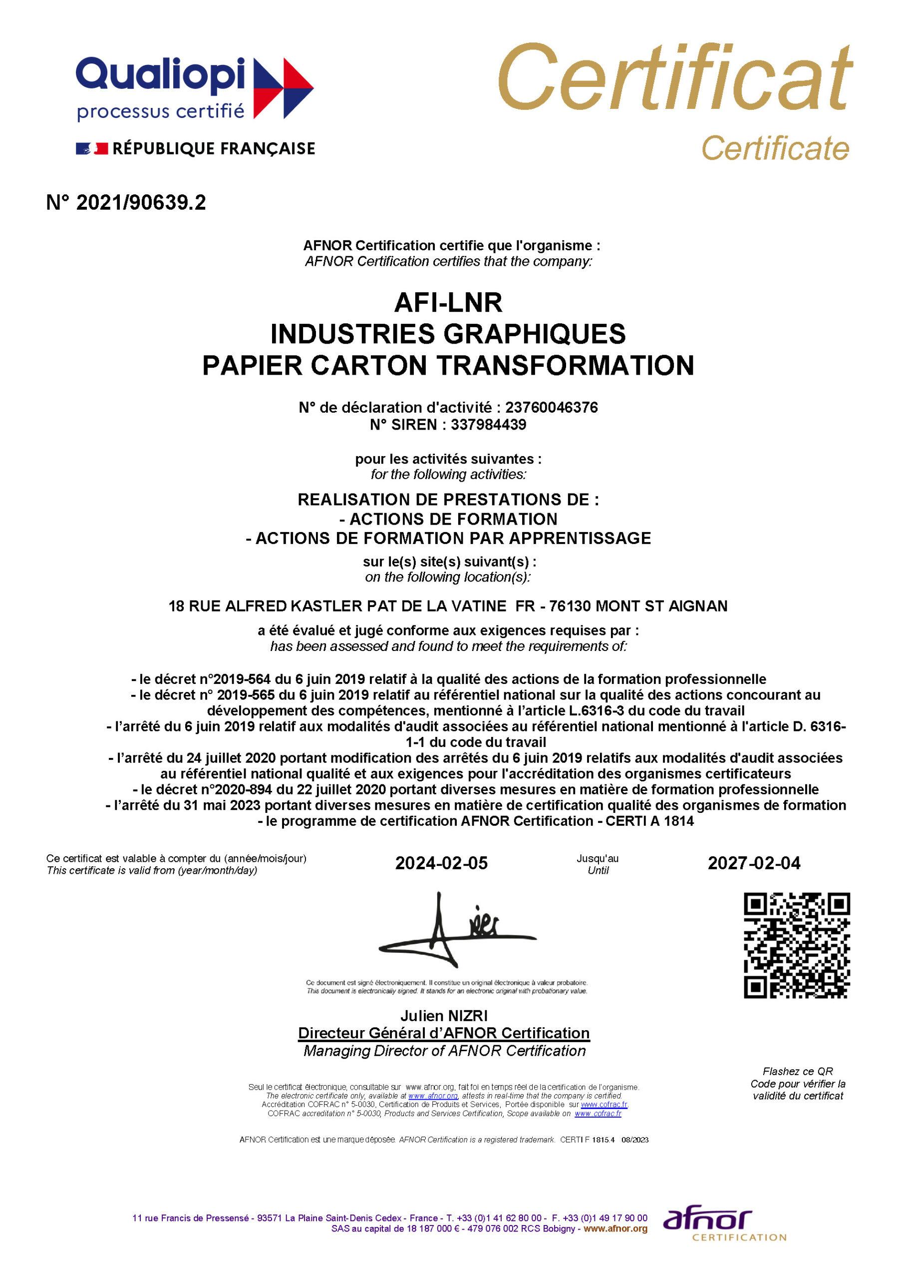 Certificat renouvellement Qualiopi 2024
